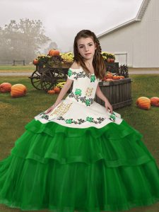 Custom Designed Green Ball Gowns Embroidery and Ruffled Layers Little Girl Pageant Dress Lace Up Tulle Sleeveless Floor Length