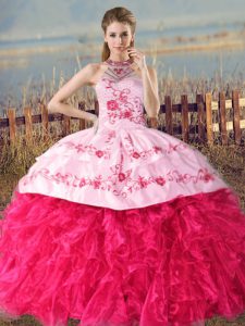 Court Train Ball Gowns Ball Gown Prom Dress Hot Pink Halter Top Organza Sleeveless Lace Up