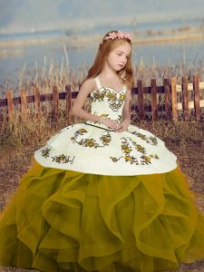 Eye-catching Olive Green Lace Up Straps Embroidery and Ruffles Kids Formal Wear Sleeveless