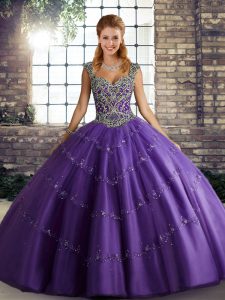 Glorious Beading and Appliques 15th Birthday Dress Purple Lace Up Sleeveless Floor Length