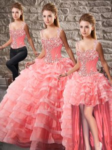 Vintage Watermelon Red Organza Lace Up Straps Sleeveless 15 Quinceanera Dress Court Train Beading and Ruffled Layers
