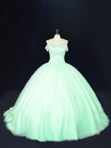 New Style Apple Green Ball Gowns Tulle Off The Shoulder Sleeveless Beading Lace Up Quinceanera Dress Court Train