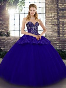 Simple Sleeveless Floor Length Beading and Appliques Lace Up Quinceanera Gown with Blue