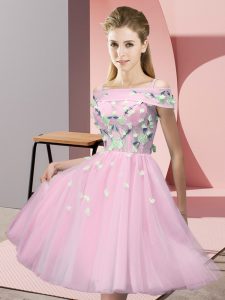 Clearance Off The Shoulder Short Sleeves Dama Dress for Quinceanera Knee Length Appliques Baby Pink Tulle