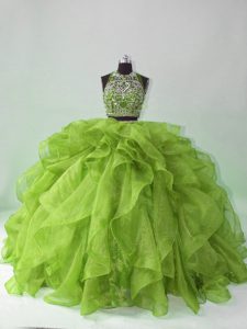 Organza Scoop Sleeveless Brush Train Backless Beading and Ruffles Ball Gown Prom Dress in Green