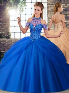 Suitable Blue Tulle Lace Up Quinceanera Gowns Sleeveless Brush Train Beading and Pick Ups