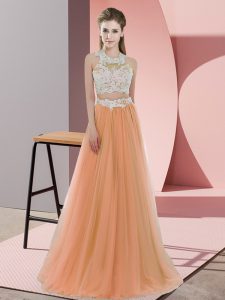 Beauteous Orange Two Pieces Lace Dama Dress for Quinceanera Zipper Tulle Sleeveless Floor Length