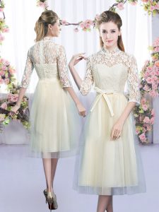 Custom Made Half Sleeves Tulle Tea Length Zipper Vestidos de Damas in Champagne with Lace and Bowknot