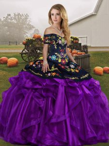 Captivating Off The Shoulder Sleeveless Lace Up Quinceanera Gowns Black And Purple Organza