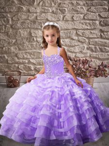 Lavender Lace Up Girls Pageant Dresses Beading and Ruffled Layers Sleeveless Brush Train