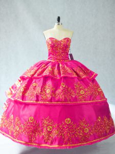 Fashion Hot Pink Sweetheart Lace Up Embroidery and Ruffled Layers Quinceanera Gowns Sleeveless