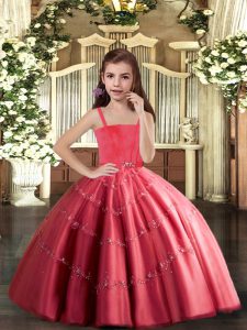 Coral Red Ball Gowns Tulle Straps Sleeveless Beading Floor Length Lace Up Girls Pageant Dresses