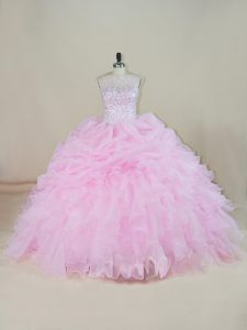 Pink Ball Gowns Beading and Ruffles Sweet 16 Dress Backless Organza Sleeveless