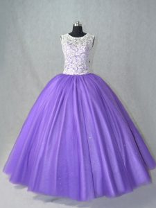 Hot Sale Lavender Tulle Lace Up Quinceanera Dress Sleeveless Floor Length Lace