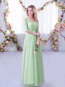 Noble Half Sleeves Tulle Floor Length Side Zipper Wedding Guest Dresses in Apple Green with Lace and Belt
