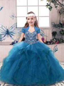 High End Blue Straps Lace Up Beading and Ruffles High School Pageant Dress Sleeveless