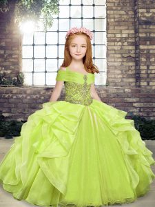 Floor Length Lace Up Pageant Dress Womens Yellow Green for Party and Wedding Party with Beading and Ruffles