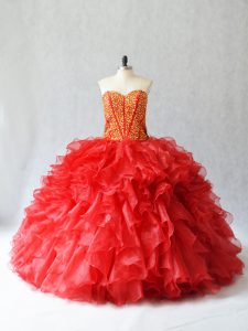 Suitable Floor Length Red 15th Birthday Dress Sweetheart Sleeveless Lace Up