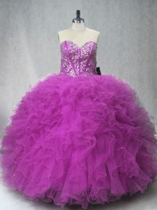 Pretty Sleeveless Floor Length Beading and Ruffles Lace Up Quinceanera Dress with Fuchsia