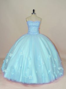 Floor Length Aqua Blue 15th Birthday Dress Tulle Sleeveless Beading and Hand Made Flower