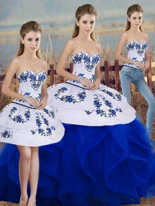 Embroidery and Ruffles and Bowknot Quinceanera Gown Royal Blue Lace Up Sleeveless Floor Length