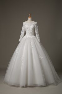 White Lace Up Scoop Beading and Lace Bridal Gown Tulle 3 4 Length Sleeve Brush Train