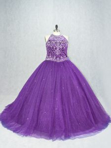Popular Purple Lace Up Scoop Beading Sweet 16 Dresses Tulle Sleeveless Brush Train