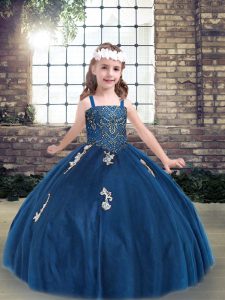 Blue Straps Lace Up Appliques Kids Formal Wear Sleeveless