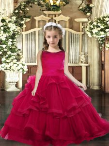 Excellent Red Ball Gowns Tulle Sleeveless Ruffled Layers Floor Length Lace Up Girls Pageant Dresses