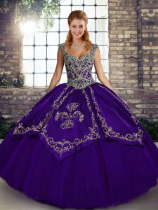 Modern Purple Ball Gowns Tulle Straps Sleeveless Beading and Embroidery Floor Length Lace Up Sweet 16 Quinceanera Dress