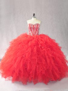 Smart Red Tulle Lace Up Sweetheart Sleeveless Floor Length 15 Quinceanera Dress Beading and Ruffles