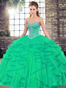 Turquoise Lace Up 15 Quinceanera Dress Beading and Ruffles Sleeveless Floor Length