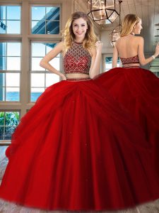 Shining Red Tulle Backless Halter Top Sleeveless Floor Length Quince Ball Gowns Beading