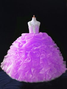 Lilac Organza Zipper Straps Sleeveless Floor Length Little Girls Pageant Dress Wholesale Beading and Ruffles and Pick Ups