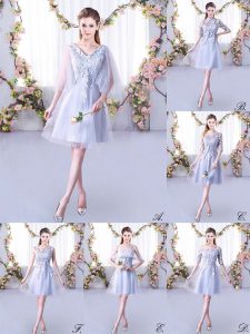 Grey A-line Tulle V-neck Sleeveless Lace Mini Length Lace Up Quinceanera Court of Honor Dress