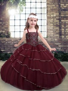 Tulle Sleeveless Floor Length Little Girl Pageant Gowns and Beading and Ruffled Layers
