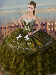 Floor Length Olive Green Quince Ball Gowns Organza Sleeveless Embroidery and Ruffles