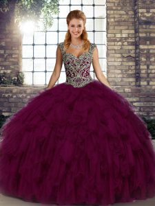 Ball Gowns Quince Ball Gowns Dark Purple Straps Organza Sleeveless Floor Length Lace Up