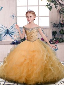 Discount Gold Sleeveless Tulle Lace Up Kids Pageant Dress for Party and Sweet 16 and Wedding Party