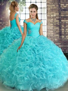 Aqua Blue Fabric With Rolling Flowers Lace Up Off The Shoulder Sleeveless Floor Length Sweet 16 Dress Beading