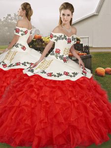 Top Selling White And Red Lace Up Ball Gown Prom Dress Embroidery and Ruffles Sleeveless Floor Length