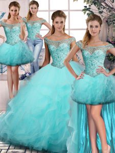 Discount Aqua Blue Sleeveless Floor Length Beading and Ruffles Lace Up 15 Quinceanera Dress