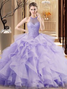 Hot Sale Sleeveless Beading and Ruffles Lace Up 15th Birthday Dress with Lavender Sweep Train