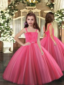 Modern Hot Pink Sleeveless Tulle Lace Up Little Girls Pageant Gowns for Party and Sweet 16 and Wedding Party