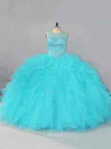 Superior Aqua Blue Lace Up Quinceanera Gowns Beading and Ruffles Sleeveless Floor Length