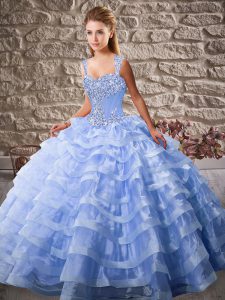 Lovely Lace Up Sweet 16 Dress Lavender for Sweet 16 and Quinceanera with Beading and Ruffled Layers Court Train