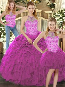 Artistic Floor Length Fuchsia 15th Birthday Dress Organza Sleeveless Beading and Ruffles