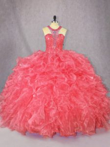 Luxury Sleeveless Floor Length Beading and Ruffles Zipper 15th Birthday Dress with Coral Red