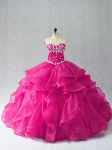 Exceptional Fuchsia Sleeveless Floor Length Beading and Ruffles Lace Up Sweet 16 Quinceanera Dress