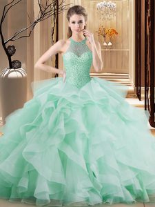 Organza Halter Top Sleeveless Brush Train Lace Up Beading and Ruffles Quinceanera Gowns in Apple Green